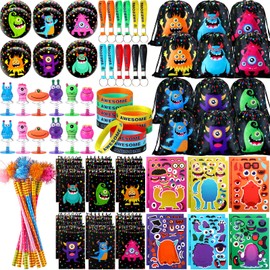 Abbylike 102 Pcs Monster Party Favors Include Make Your Own Stickers, Spring Launchers Toys, Monster Drawstring Backpack, Monster Notebooks, Silicone Wristbands, Keychains, Badges Pins, Pencils
