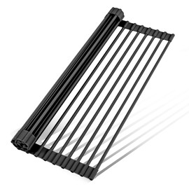 LEMIKKLE Roll Up Dish Drying Rack 17" x 13", Over The Sink Dish Drainer Rack, Foldable Sink Drying Rack, Anti-Slip Silicone Wrapped Dish Drainer for Kitchen Counter (Black)