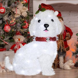 DROFELY 20" White Christmas Dog Lights Decoration for Indoor,3D Christmas Puppy with 30 LED Cold White Lights,Fluffy Dog Wears a Santa Hat and Collar,Christmas Tree Decoration AZ23GF-11