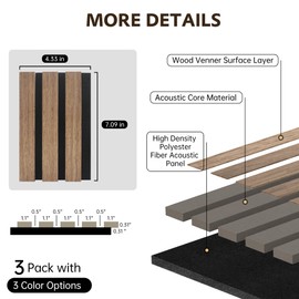 DRQ 3 Pack Wood Panels for Wall and Ceiling, 7"×4" Wall Panels for Interior Wall Decor, 3D Fluted Wood Wall Panels, Wood Slat Wall Panel for Stylish Decor and Noise Reduction, Sample 3 Colors