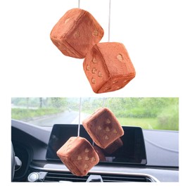 Ziciner Pair Fuzzy Plush Dice for Car Mirror, 3'' Retro Square Dice with Heart-Shape, Auto Rearview Mirror Hanging Ornament Decoration, Universal Car Accessories for Women (Coffee)