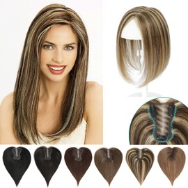Hair Toppers for Thinning Hair Women Real Hair Real Human Hair 10 Inch Hair Toppers for Women Human Hair Upgrade Swiss Base Hair Topper Hair Pieces for Women (Medium Brown with Highlight)