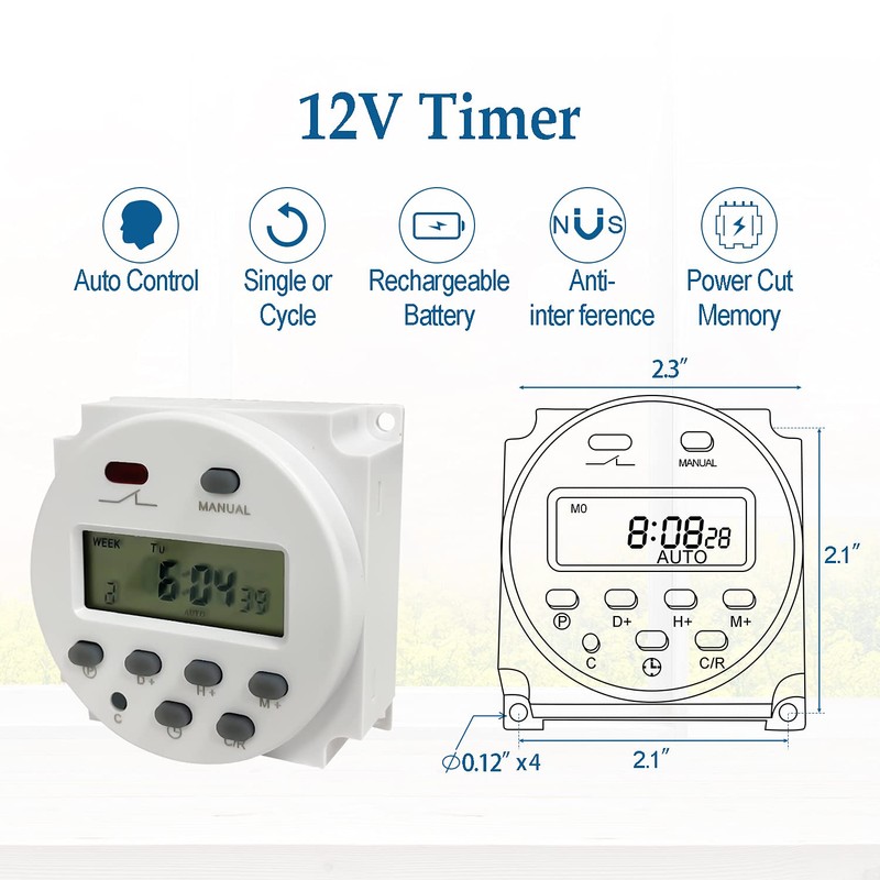 Sutekus 7 Day Digital Timer Switch DC 12V 16A Programmable