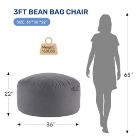 Simple Deluxe Bean Bag Chair 3 Ft for Adults & Teens with Supportive Memory Foam Filled, Sturdy Handles, Side Pocket&Removable Washable Cover, Comfy Sofa Beanbag for Living Room, Bedroom, Dorm, Grey