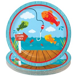 Camping and Fishing Party Supplies - Fisherman Round Paper Dessert Plates for 16 Guests