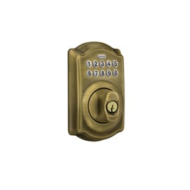 Schlage Camelot Electronic Keypad Deadbolt Lock, Keyless Front Door Entry, Mechanical Key Backup Included, Antique Brass, BE365 CAM 609