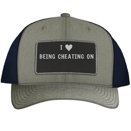 I Heart Love Being Cheating On - Leather Black Patch Engraved Trucker Hat, Hearther-Navy, One Size