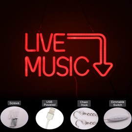 Live Music Neon Sign for Music Studio Decor Led Music Light For Music Wall Decor Live Music Light Up Sign Music Studio Accessories Red Words Neon Sign
