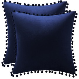 DEZENE Couch Pillow Cases 18x18 Navy: 2 Pack Cozy Soft Pom-poms Velvet Square Throw Pillow Covers for Farmhouse Home Decor