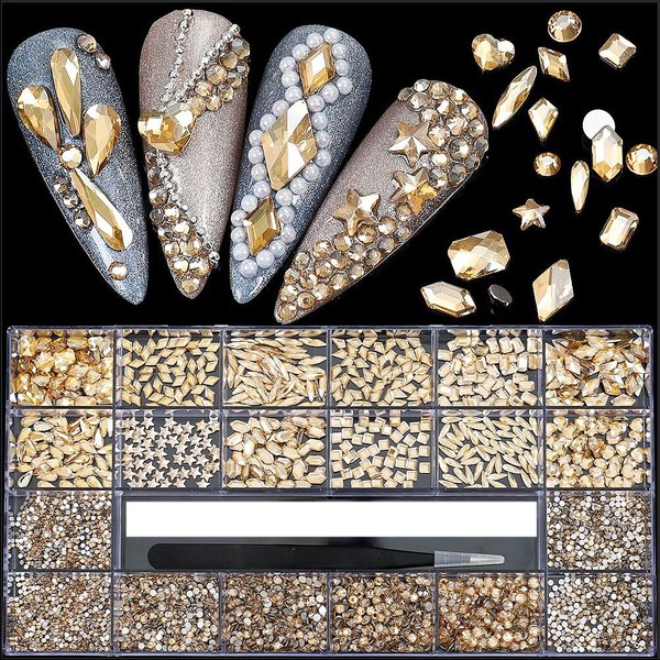 4880Pcs Champagne Rhinestones for Nails, Gold Crystal Nail Rhinestones Round Beads Flatback Glass Gems Stones, Multi Shapes Rhinestones 3D Nail Crystals for Nail Art DIY Crafts Clothes Shoes Jewelry