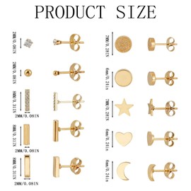 NICENEEDED 10 Pairs 18K Gold Plated CZ Stud Earrings, Stainless Steel Heart Star Hypoallergenic Stud Ear Rings, Cartilage Earrings Set with Flat Back for Multiple Piercing