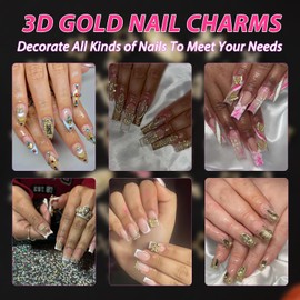 ALGLEA Nail Art Pearls 90pcs Gold Nail Charms Set with Cross, Bow, Butterfly, Cherry, Money, Star, Skull and Virgin Mary - Y2K 3D Gold Charms for Nail Decorations