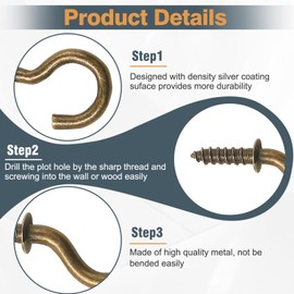 Jamiikury 100Pcs 1/2 Inch Cup Hooks, Bronze Ceiling Hooks Small Screw-in Hooks Metal Screw Hooks Nickel Plated Hooks