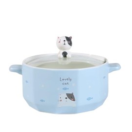 Urban Tokyo Whimsical Characters Porcelain Ramen Noodle Bowl with Glass Lid 30 fl oz Bowl With Side Handles For Udong, Pho, Tomyum Ramen Noodle Soup (Cat)