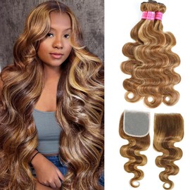 Honey Blonde Highlight Body Wave Bundles with 5x5 Closure 100% Unprocessed Ombre Human Hair Body Wave 4 Bundles with 5x5 Transparent Swiss Free Part Lace Closure Piano Color