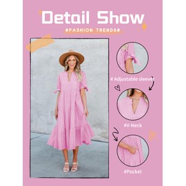 Theenkoln Womens Casual Midi Dress: Short Sleeve V-Neck Empire Waist Gingham Spring Fashion Long Trendy Tiered Formal Dresses Hot Pink