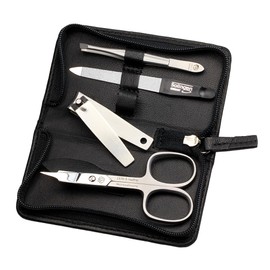 Sonnenschein by Hans Kniebes Manicure Set 4 Pieces Compact - Nail Scissors, Nail Clippers, Tweezers, Nail File - Nail Care Set Nappa Lambskin Leather Manicure Case (Black)