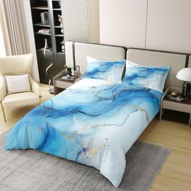 100% Natural Cotton Blue White Marble Duvet Cover for Kids Boys Girls,Ombre Watercolor Bedding Set King,Girly Bohemia Comforter Cover,Abstract Tie Dyed Bed Sets with 2 Pillowcases Bedroom Decor