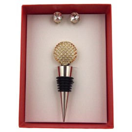 FUNsational Finds Wine Set Boxed Bottle Stopper Clear Gem Round Earrings Set Gold Ball Xmas Gift
