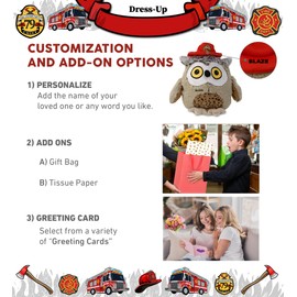 DolliBu Fat Owl Firefighter Stuffed Animal with Name Personalization - Big Eye Owl with Red Fireman Hat with Fire Department Patch, Cute Fire Fighter Doll Plush Toy for Kids - 10 Inch