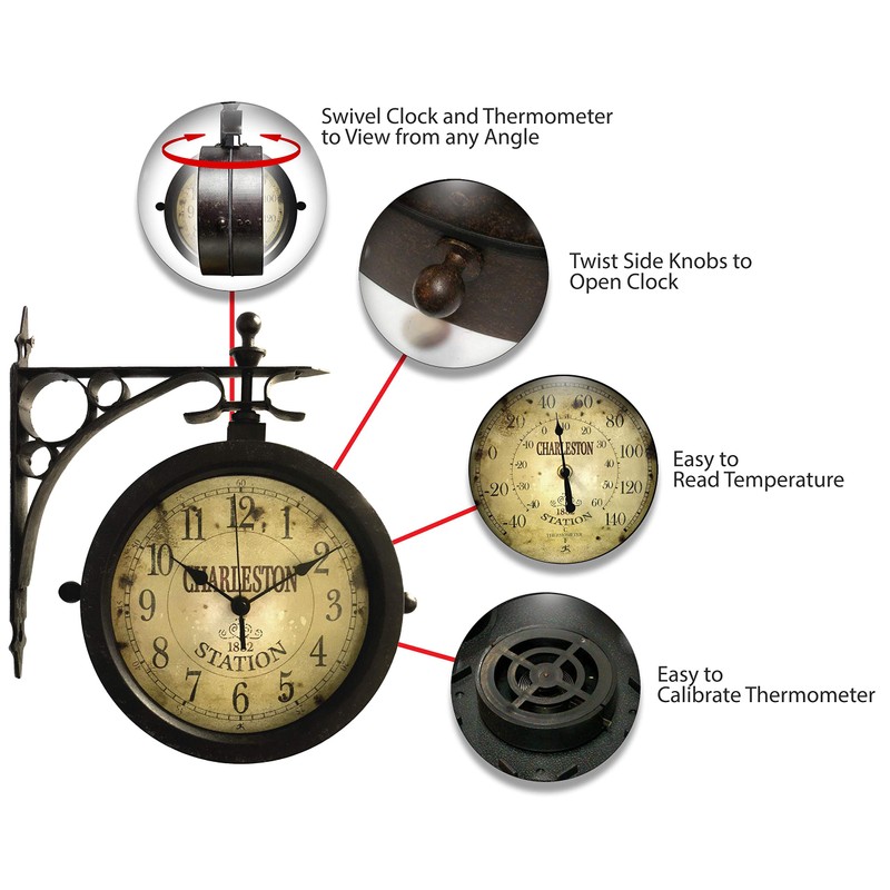 Infinity Instruments Charelston Metal Outdoor Clock, Waterproof Double Sided Train
