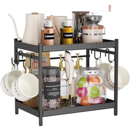 Lifewit 2 Tier Plastic Cup Holder with Metal Stand, Coffee Organiser Coffee Bar for Office with 4 Cup Hooks, Spice Rack, Kitchen Cabinet Organiser, Kitchen Shelf, Worktop for Kitchen, Black