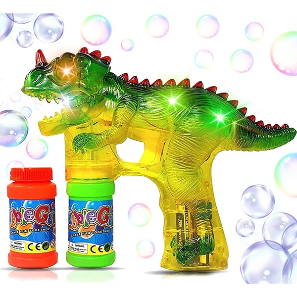 Haktoys Jurassic Dinosaur Bubble Gun Shooter Light Up Blower | Toy Bubble Blaster for Toddlers, Kids, Parties | LED Flashing Lights, Extra Refill Bottle, Sound-Free, Batteries Included