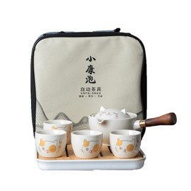 zaoalife 7pcs Ceramic Portable Travel Tea Set, 360° Rotating Lucky Cat Teapot Set Japanese Style Kung Fu Tea Pot Set with Bag for Travel,Home,Outdoor and Office