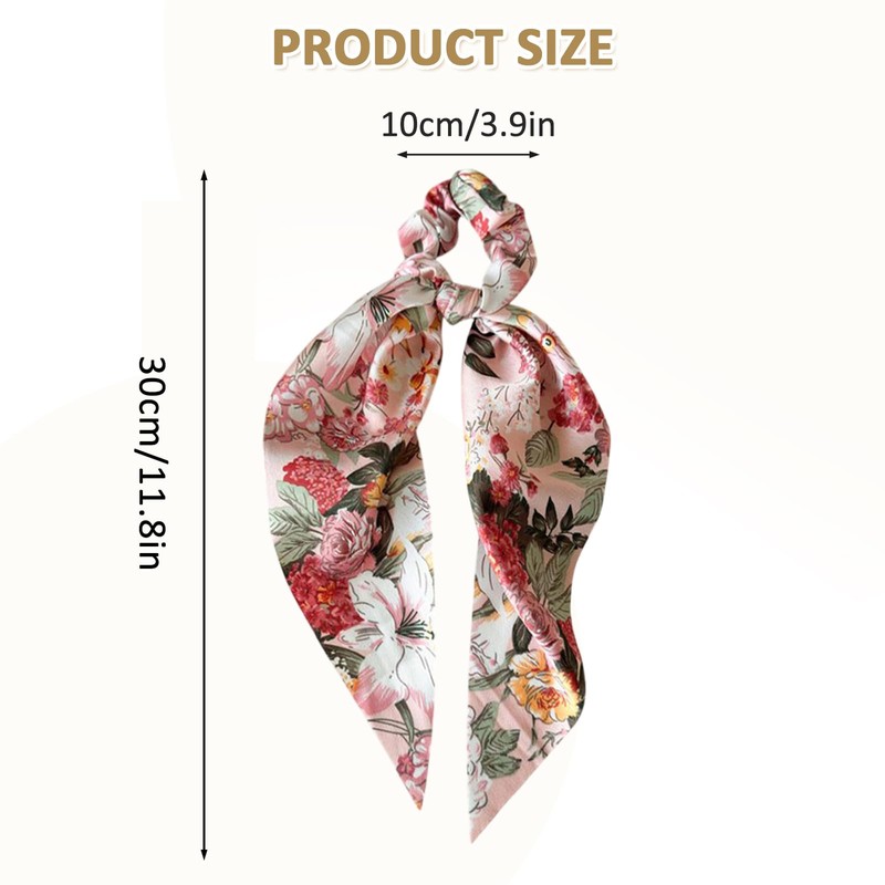 Qigfucm Boho Hair Scarf Scrunchies, 12” Floral Satin Bow Ties