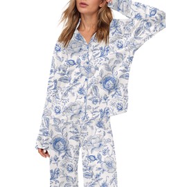 SHESHOW Pjs Sets for Women Button Up 2 Piece Pajamas Loungwear Chinoiserie Flowers Satin Pajama Set for Women Size L
