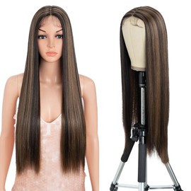 Style Icon Wig Lace Front Wigs Long Straight Synthetic Hair Wigs with Baby Hair Half Hand Tied 130% Density Middle Part Wigs Heat Resistant Fibre (Middle Lace Part 30 Inches, P4/27)