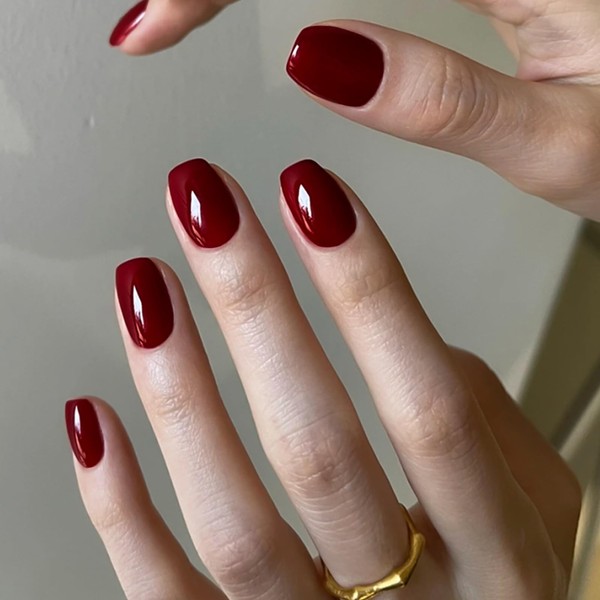CUZIAM Cherry Red Press On Nails Short Square, 32Pcs 16