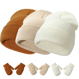 Baby Hats and Mittens Set Infant Toddler Beanie Caps Hospital Hat Set Newborn Gloves for Baby Boys Girls, White/Khaki/Caramel, 2-6 Years