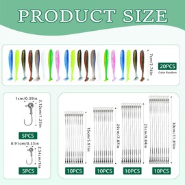 73-Piece Fishing Accessory Set, 40 Pieces Steel Leader Pike 4 Sizes Steel Leader with Buckle and Rotary Shaft, 10 Pieces 5 g/3.5 g Jig Heads, 20 Pieces Rubber Fish, Fishing Accessories for Saltwater