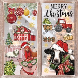 JarThenaAMCS Merry Christmas Window Clings Farm Animal Window Stickers Double-Side Glass Decals for Xmas Farmhouse Home Party, 11.4 x 14.6 Inch, 4 Sheets