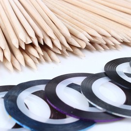 2013newestseller New Nail Art Kits-100pcs Wood Stick Cuticle Pusher Remover Manicure Pedicure Tool+10 Pcs Pretty Sticker Rolls Striping Tape Line Decoractions