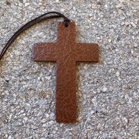 Air Flair | Leather Car Air Freshener | Cross | Rose Pattern (Brown, Butt Naked Scent)