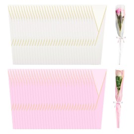 Gloreyan 100pcs Single Flower Sleeves Wrapping Bags Pink White Single Rose Florist Bouquet Packaging Bags Golden Edge Cellophane Flower Sleeves for Floral Arrangement Supply Wedding Valentine's Day