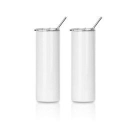 PYD Life 2 PCS Sublimation Blanks Skinny Tumbler White 20 OZ Straight Double Wall Stainless Steel Tumbler with Metal Straw Tumbler Cups for Tumbler Heat Press Machine Heat Transfer
