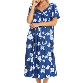 Bloggerlove House Dress for Women Elderly Moomoo Short Sleeve Muumuu Dresses House Coats Grandma Nightgowns(Blue,S)
