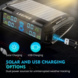 leepee Car Tire Pressure Monitoring System, Auto Security Alarm Systems Digital LCD Display Tyre Temperature Monitor USB/Solar TPMS, Real-time Monitor Alarm Tire Pressure and Temperature(0~5.8Bar)