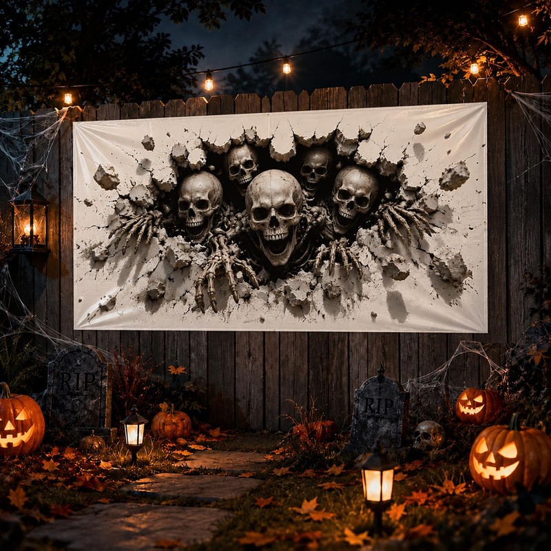 Halloween Decorations Outdoor, Plastic Backdrop 65" x 32.7", Skull Halloween