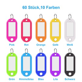OPIEHNIY Pack of 60 Key Chains Writeable Key Tags Suitcase Tags Luggage Tags 10 Types Different Colours