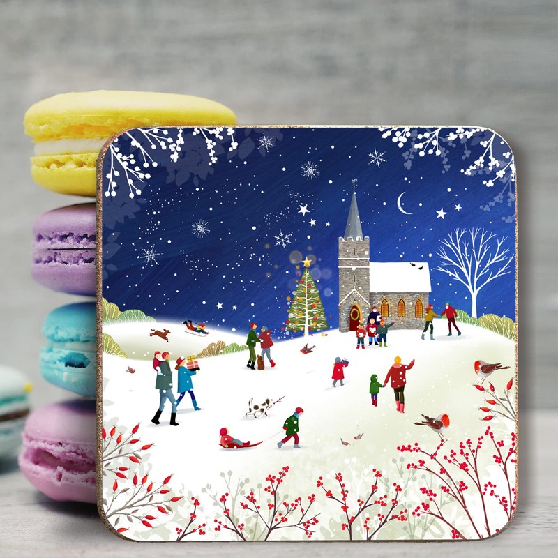 Christmas Coasters, Pack of 6 cork coasters - Snowy Church.