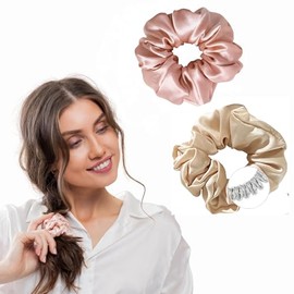 CurLia Set of 4 Hair Bobbles Made of 100% Pure Mulberry Silk - Thin Hair Ties, Braid Holder, No Hair Breakage, Hair Scrunchie for Every Day, Black, Brown, Beige, Champagne