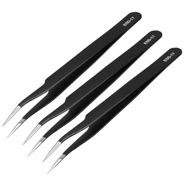 uxcell ESD-17 Tweezers, Anti-Static Stainless Steel Non-Magnetic Curved Tip for
