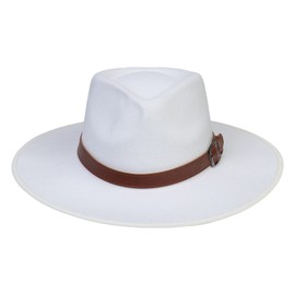 JK Home Wide Brim Fedora Hat - Wool Felt Panama Cap - One Size Unisex Women Men - Brown Leather Buckle Band
