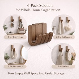 TYNUOCN 6 Pack Walnut Adhesive Wall Hooks, Decorative Wooden J Hooks, No-Drill Natural Wood Key Towel Bag Holders for Entryway Bathroom Bedroom Kitchen