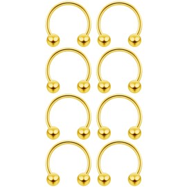 8pc 1mm 18g Gold Surgical Stainless Steel Horseshoe Bar Hoop 3mm Ball Circular Barbells Earrings Cartilage Helix Septum Nose Lip Rings - 8mm