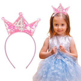 Gjinxi 4th Birthday Princess Headband, Pink Princess Tiara 4 Years Sparkling Tiara Girl Headband Happy Birthday Headpiece, Glitter Hair Band Decorations 4 Years Old Girl Hair Accessorie Party Supplies